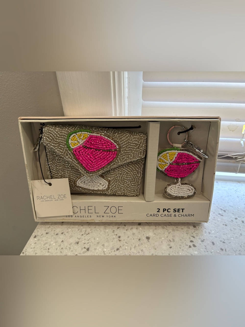 NIB Rachel Zoe Silver Beaded Card Case & Pink Cocktail Charm Set